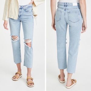 Paige Noella Straight Leg Distressed Cropped Raw Hem Jeans Light Wash Size 28